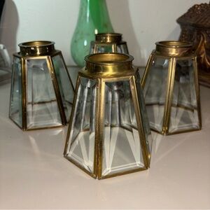 Vintage 1970's Brass Frame Hexagon Beveled Glass Lamp Light Shade Set Of 4